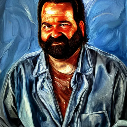 Image similar to uhd photorealisitc high quality high detail painting by lucian freud, exaggerated portrait of billy mays as the devil, studio lighting