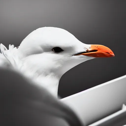 Image similar to an angry seagull typing at a computer in it's bedroom, close up, studio portrait