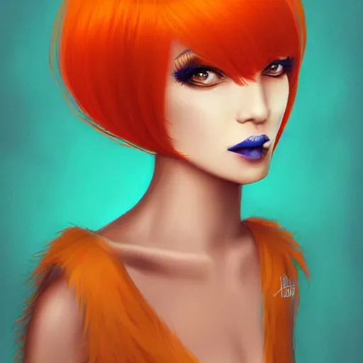 Prompt: illustrated portrait of orange-skinned devil woman with blue hair cut in a bob by rossdraws