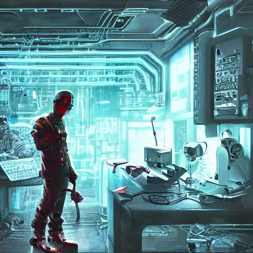 Image similar to cyberpunk scientist making cyber-rat in his hub, wide angle view, sci-fi, high definition details hyperrealistic, digital art, artstasion, deep depth of field