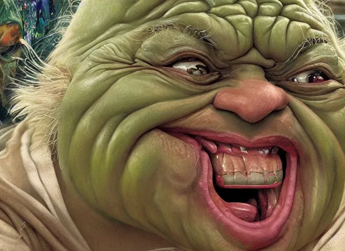 Image similar to a highly detailed portrait of Danny Devito as a crazy laughing drunk Yoda on a bad ketamine drug trip, pale green skin, descent into lunacy and madness, dizzy, trippy, artstation, cgsociety, very detailed, intricate, detailed illustration, by artgerm and greg rutkowski and alphonse mucha, sharp, smooth, masterpiece