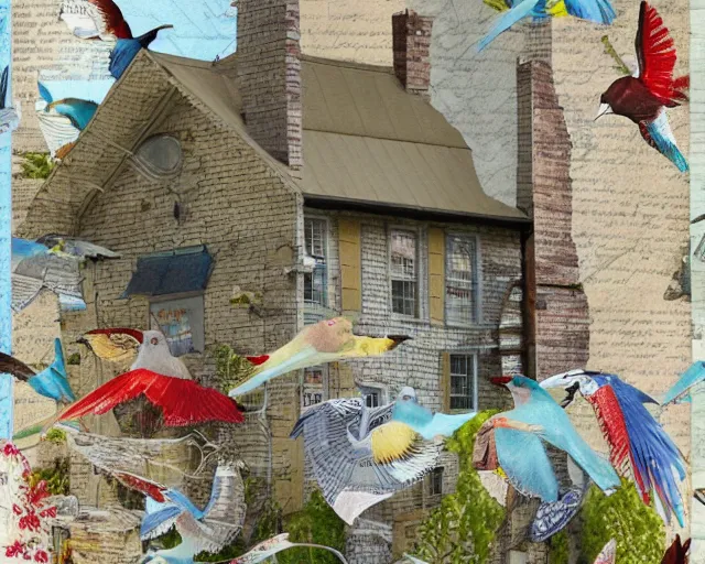 Image similar to detailed house, seen from the distance. maximalist paper birds flying. with unexpected fabric elements. 8 x 1 6 k hd mixed media 3 d collage in the style of a childrenbook illustration in soft natural tones. matte background no frame hd