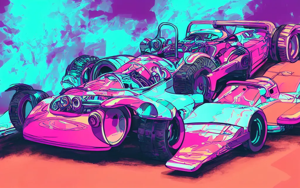 Prompt: an retrowave cyberpunk formula car on the mars, pastel, colorful, bright, cartoony, digital art