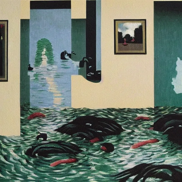 Image similar to painting of flood waters inside an apartment, taps with running water, tall female emo art student, a river flooding inside, tangelos, zen, pigs, ikebana, water, river, rapids, waterfall, black swans, canoe, pomegranate, berries dripping, acrylic on canvas, surrealist, by magritte and monet