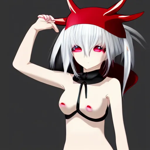 Image similar to white hair, red eyes, two small horn on the head, anime style, anime girl