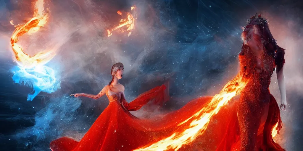 Prompt: extraordinary sensual fairytale princess dress made of fire and ice, snow, fusion, eruption, particles, 3d model, epic scene unreal render depth of focus blur hyper realistic detail Star Wars, fantasy , x-men storm , art behance