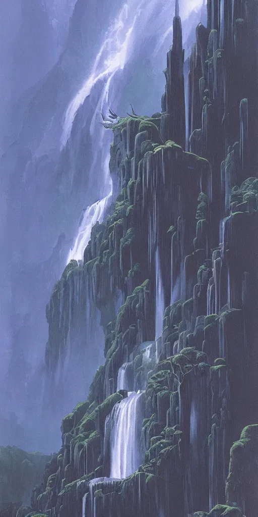 Prompt: an impressive waterfall on the side of a huge mountain, moody, mist, highly detailed, by vincent di fate nausicaa and ghibli