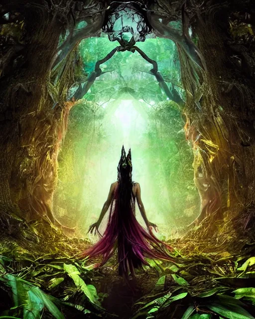Prompt: a doomed goddess walking towards a ravenous, horrific portal to hades embedded in a creepy tree in a densely overgrown, magical jungle, fantasy, dreamlike sunraise, stopped in time, dreamlike light incidence, ultra realistic