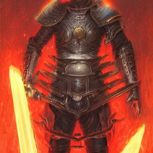 Image similar to anthropomorphic shiba inu, berserk anime guts armor and sword, red light aura, fantasy, red light, dark, portrait art by donato giancola and greg rutkowski, realistic face, visible holy red aura, digital art, trending on artstation, symmetry