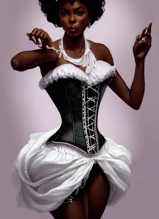 Image similar to cute black woman wearing a white corset dress, fantasy, intricate, highly detailed, digital painting, artstation, concept art, wallpaper, smooth, sharp focus, illustration, art by artgerm and greg rutkowski and alphonse mucha