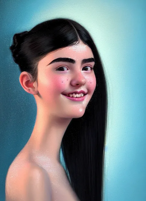 Image similar to portrait of teenage girl, narrow face, black hair and eyebrows, bangs, half updo hairstyle, buck teeth, unattractive, defined jawline, long chin, smile, hair bow, intricate, elegant, glowing lights, highly detailed, digital painting, artstation, concept art, sharp focus, illustration, art by wlop, mars ravelo and greg rutkowski