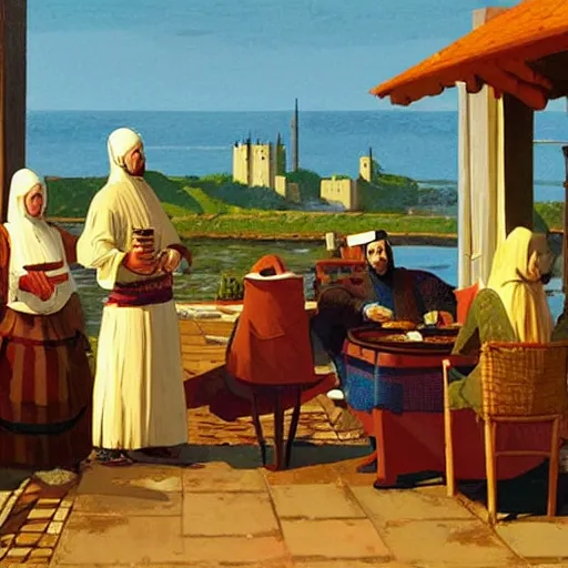 Image similar to ' a medieval turkish nobleman takes breakfast at his coastal manor with his family '. painting by angus mcbride, art with high fidelity realistic textures and figures.