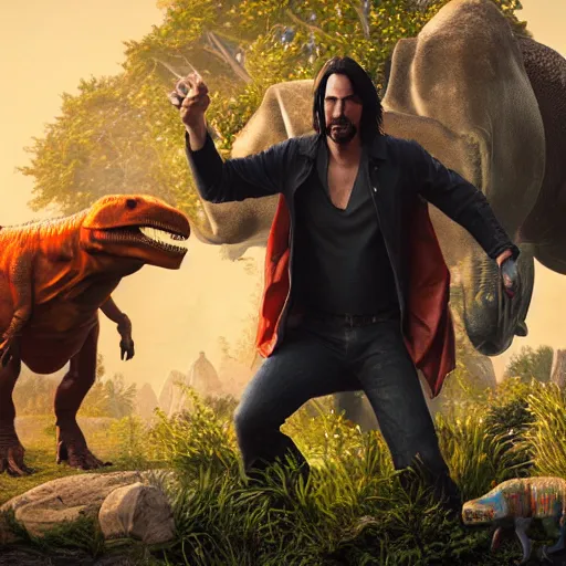 Image similar to a hyper real comic book style portait painting of keanu reeves in the stone age with dinosaurs, unreal 5, hyperrealistic, octane render, cosplay, rpg portrait, dynamic lighting