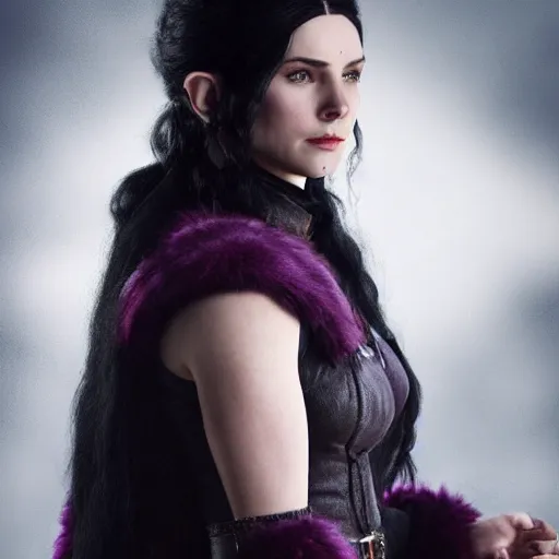 Image similar to yennefer from the netflix witcher as a medieval fantasy tolkien elf, dark purplish hair tucked behind ears, wearing a fur lined collar, wide face, muscular build, scar across the nose, cinematic, character art, 8 k detailed.