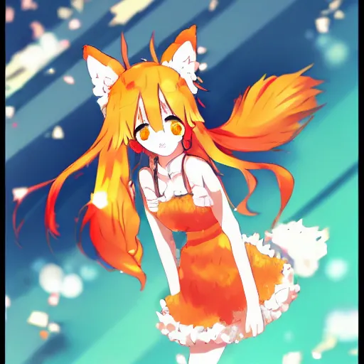 Prompt: senko-san very very beautiful anime kitsune foxgirl drinks beer trending on pixiv trending on artstation orange hair orange tail