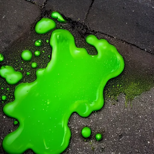 Image similar to a small sticky puddle of green luminous goop on the pavement in a back alley, in the style of a pixar movie