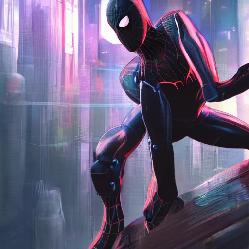 Prompt: cyberpunk spiderman robot ninja illumination ray tracing hdr fanart arstation by sung choi and eric pfeiffer and gabriel garza and casper konefal