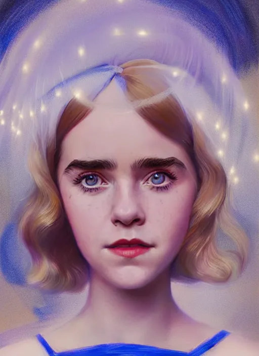 Image similar to portrait of kiernan shipka with freckles, white hair, 1 9 6 0 s bob hairstyle with bangs and hairband, blue 1 9 6 0 s dress, intricate, elegant, glowing lights, highly detailed, digital painting, artstation, concept art, smooth, sharp focus, illustration, art by wlop, mars ravelo and greg rutkowski