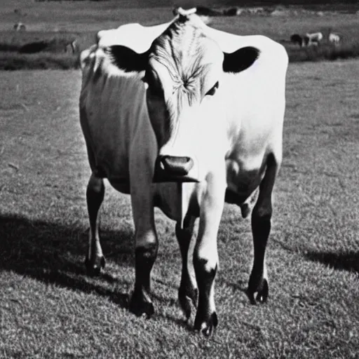 Image similar to vintage photograph from the 1 9 3 0 s of a cow being abducted by aliens shot from the ground