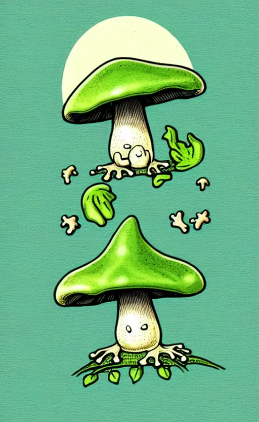 Image similar to cute cottagecore aesthetic frog mushroom moon witchy vintage illustration