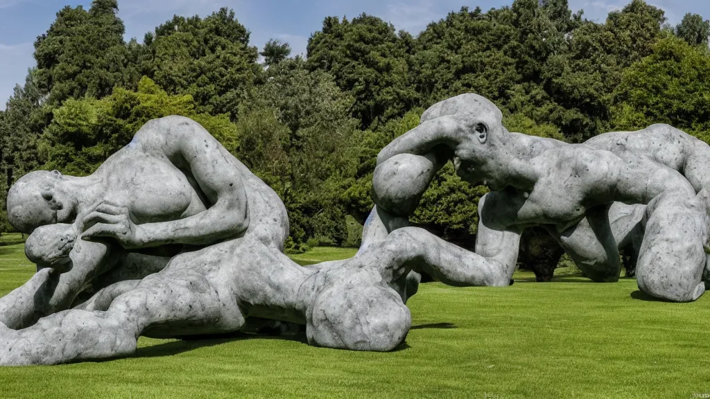 Prompt: a colossal impossible granite sculpture garden by michelangelo and henry moore and david cerny, on a green lawn, distant mountains, 8 k, dslr camera, suck your vomit, award winning