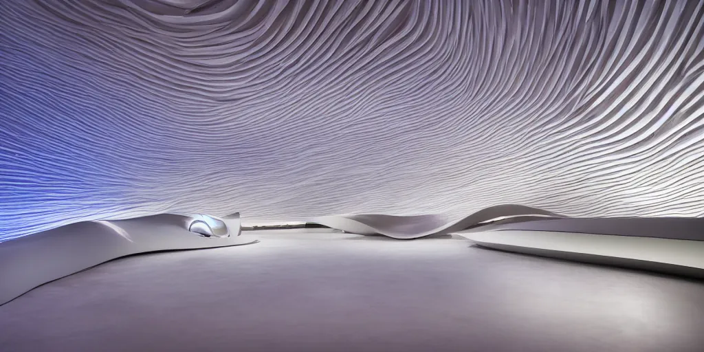 Prompt: extremely detailed awe stunning beautiful futuristic smooth curvilinear museum interior by zaha hadid, translucent gills, stunning volumetric light, stainless steel, concrete, translucent material, beautiful sunset, hyper real, 8k, colorful, 3D cinematic volumetric light, atmospheric light