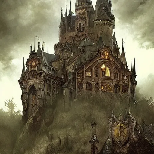 Image similar to a fantasy goth castle on hill, digital art, photorealistic, dark theme, smooth, sharp focus, artgerm, alphonse mucha