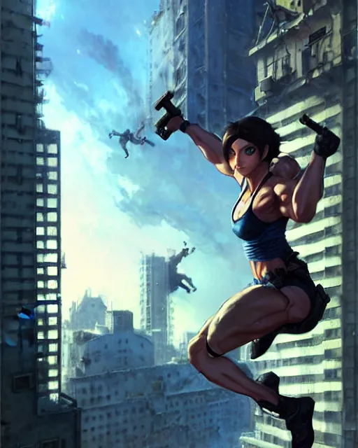 Image similar to gigachad jill valentine bodybuilder jumping from a building fighting in racoon city, fantasy character portrait, ultra realistic, anime key visual, full body concept art, intricate details, highly detailed by greg rutkowski, ilya kuvshinov, gaston bussiere, craig mullins, simon bisley