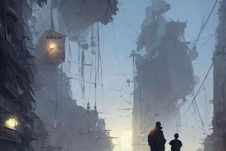 Image similar to a man and his son are looking up, as flying sailboats fly between the buildings, solarpunk, intricate, concept art, artstation, by greg rutkowski, dramatic lighting