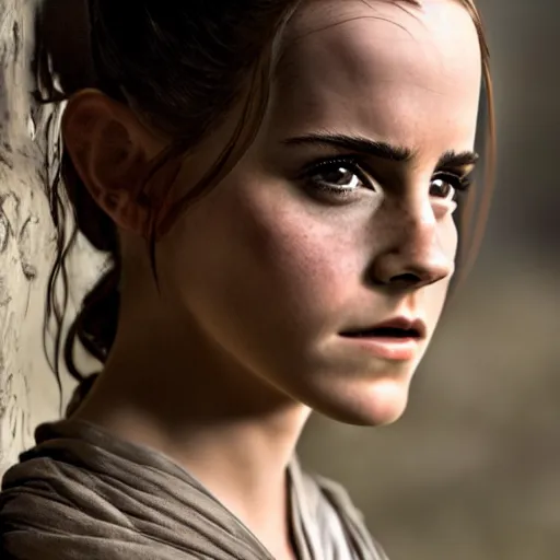 Image similar to Emma Watson modeling as Rey in Star Wars, (EOS 5DS R, ISO100, f/8, 1/125, 84mm, postprocessed, crisp face, facial features)