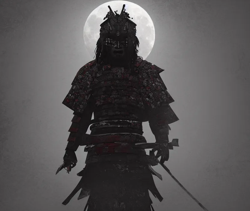 Prompt: '2d design graphic a samurai in the night ,big white moon background , gloomy and foggy atmosphere, octane render, artstation trending, horror scene, highly detailded'