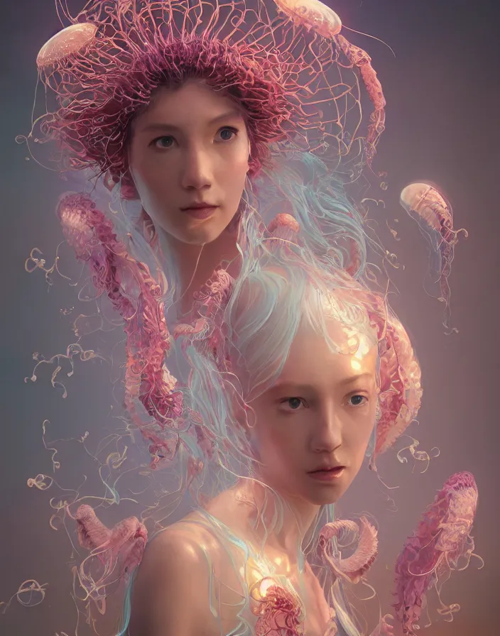 Image similar to goddess portrait. jellyfish orchid phoenix head. intricate artwork by Tooth Wu and wlop and beeple and dan mumford. octane render, trending on artstation, greg rutkowski very coherent symmetrical artwork. cinematic, hyper realism, high detail, octane render, 8k, depth of field, bokeh