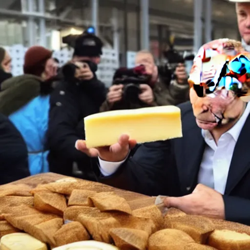 Image similar to close up of vladimir putin visiting a cheese market