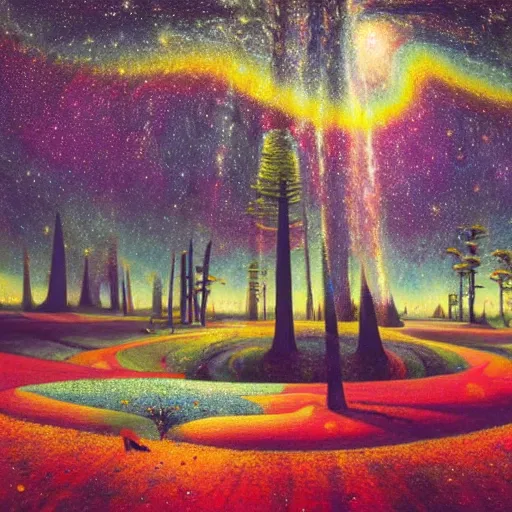 Image similar to psychedelic road trip lush pine forest, outer space, milky way, designed by arnold bocklin, jules bastien - lepage, tarsila do amaral, wayne barlowe and gustave baumann, cheval michael, trending on artstation, star, sharp focus, colorful refracted sparkles and lines, soft light, 8 k 4 k