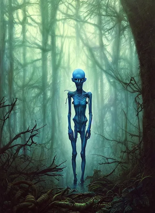 Image similar to hyper realistic spooky alien in the woods in a river gorgeous lighting, lush forest foliage blue sky a hyper realistic painting by chiara bautista and beksinski and norman rockwell and greg rutkowski, tom bagshaw weta studio, and lucasfilm