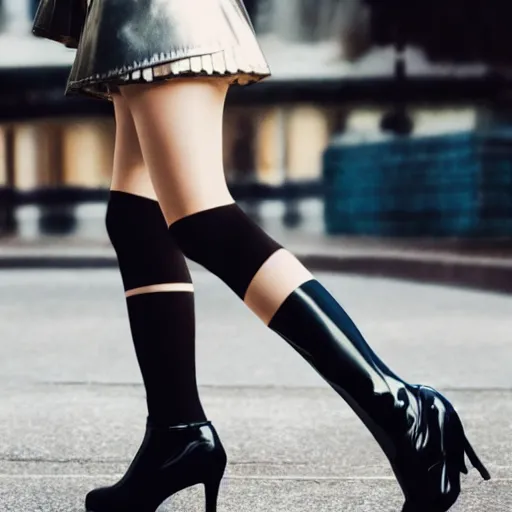 Image similar to a dynamic, epic cinematic 8K HD movie shot of a japanese young J-Pop idol girl wearing leather jacket, miniskirt, nylon tights and high heels boots. Motion, VFX, Inspirational arthouse