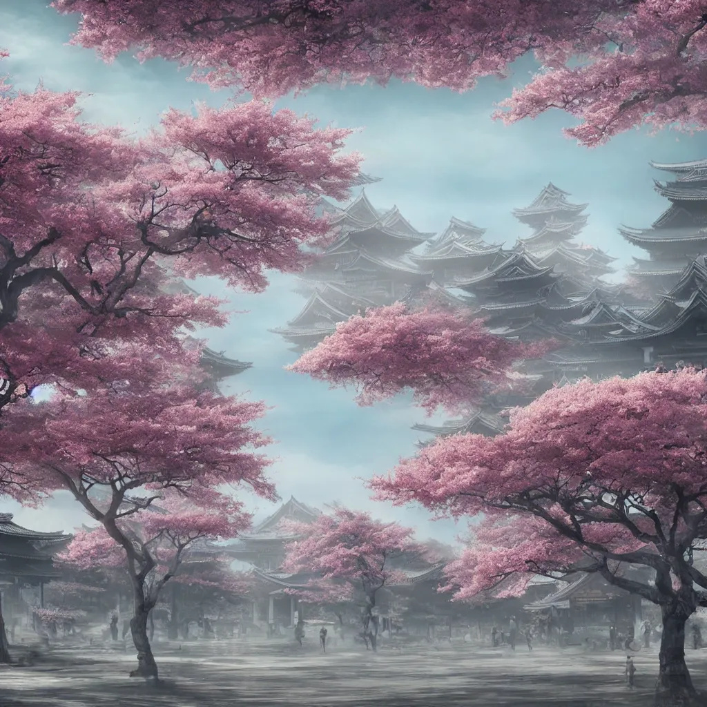 Image similar to old empty samurai city surrounded by sakura trees, matte painting, digital art, artistation