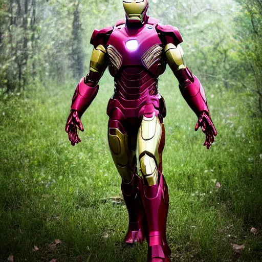 Image similar to overgrown and damaged iron man suit, 4k realistic photo