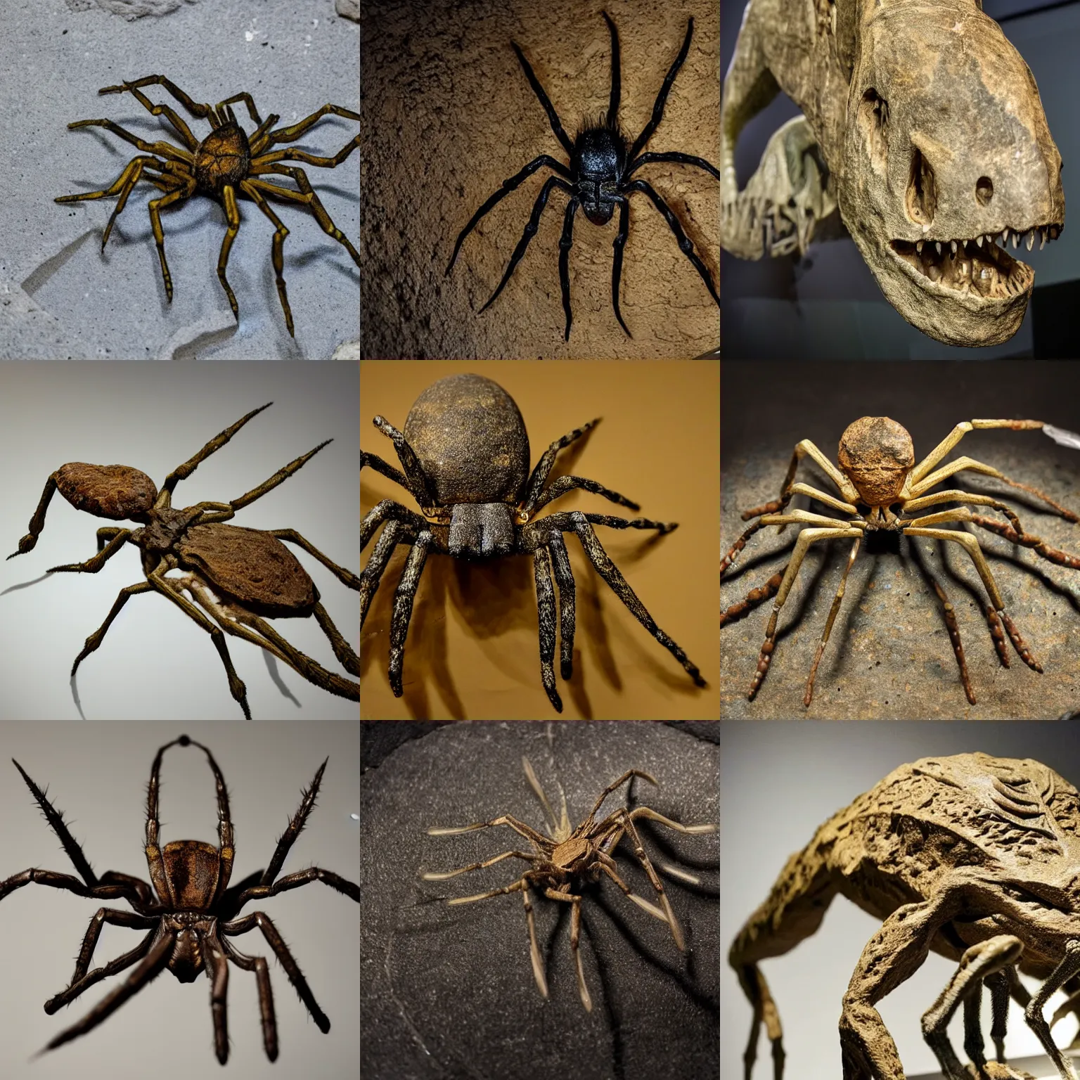 Prompt: ancient dinosaur specimen of a paleolithic spider, on display in a fossil museum