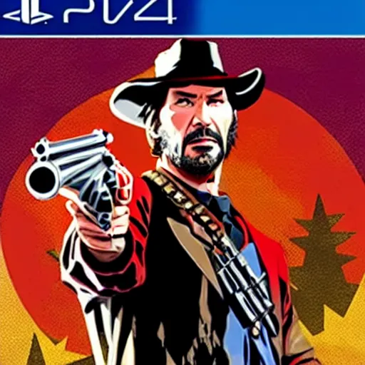 Image similar to Keanu Reeves as a Red Dead Redemption 2 character, dressed as a Western sheriff, game box art