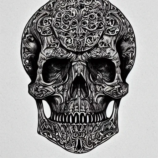 Image similar to human skull ornated, filigree, ornaments, 3 d design for tattoo, hypermaximalist, elegant, ornate, luxury, elite, symmetrical