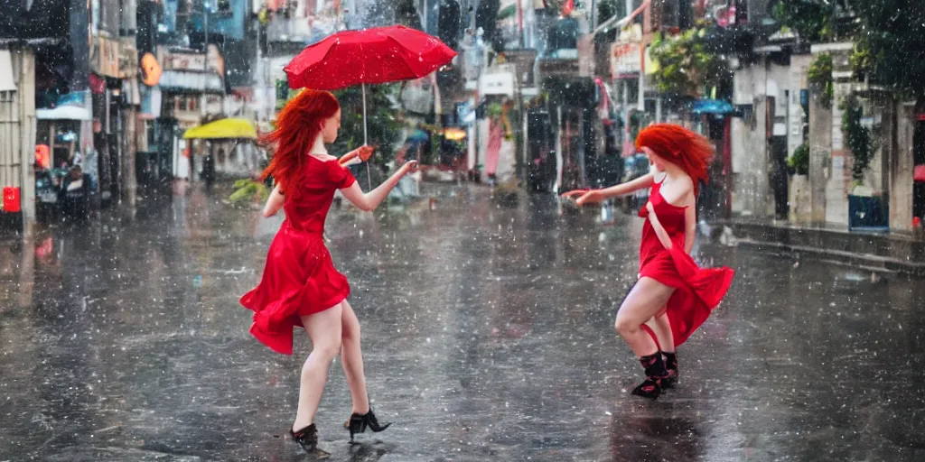 Prompt: a red - haired girl is dancing in an open - up street view of fairy town, raining, crowding.