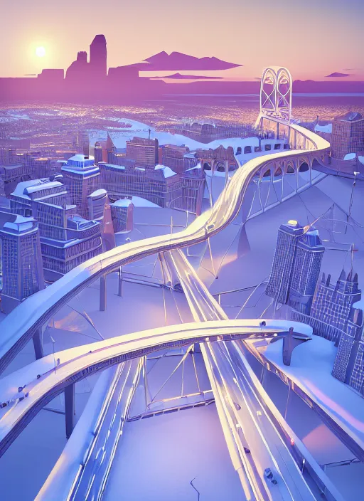 Image similar to a low poly isometric render of winnipeg manitoba in the style of monument valley, provencher bridge, winter, intricate, elegant, smooth shading, soft lighting, illustration, simple, solid shapes, by magali villeneuve, jeremy lipkin and michael garmash, rob rey and kentaro miura style, octane render