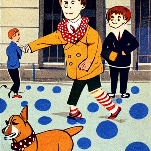 Image similar to book illustration of a french boy on the streets of paris playing football against a corgi, the dog is wearing a polka dot scarf, 1 9 6 6