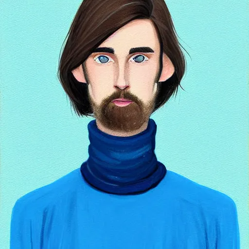 Image similar to gangly brunette man with hair long on top medium down the sides, blond beard, small chin, rectangular face, thin lips, English heritage, small blue eyes, middle aged, wearing a turtleneck and jacket, pale skin, narrow face, digital art, painterly, cartoon, cute, 8k, illustration, art by loish, painterly, trending on artstation, medium shot, uncropped