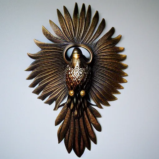 Image similar to gorgeous ornated bronze realistic detailed sacred falcon wall decoration with filigree