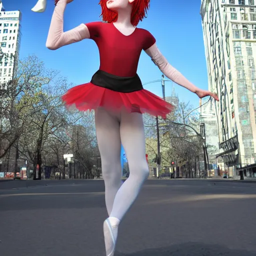 Prompt: a girl with a giant smile:: red hair:: pale skin:: wearing ballet clothes:: holding a wide sword:: standing in a busy street:: in New York city:: wide angle:: full body:: long shot:: volumetric lighting:: cinematic:: 8K:: octane render:: trending on artstation:: hyper realistic:: photo realistic:: by gregory crewdson