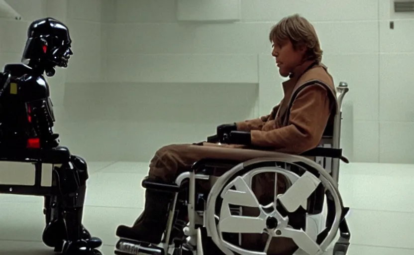 Image similar to cinematic still image screenshot portrait luke skywalker in cybernetic wheel chair talking to a lonely droid, from the tv show on disney + anamorphic lens, photo 3 5 mm film kodak from empire strikes back crisp 4 k imax