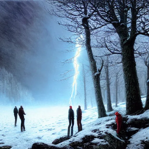 Image similar to a beautiful painting of group of climbers, extreme cold, storm, octane rendering, grim, dark, gloomy, cruel, volumetric lightning, hyperrealism, no blur, 4 k resolution, ultra detailed, style of john atkinson grimshaw, ivan shishkin, tyler edlin, scott listfield, eric zener