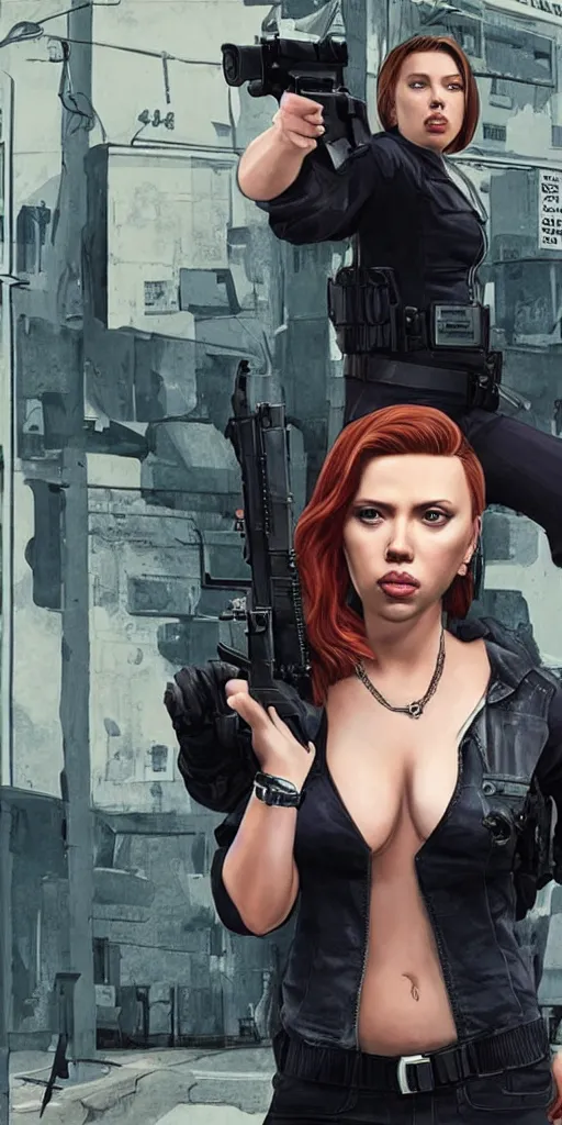 Image similar to Scarlet Johansson posing with a pistol drawn to the viewer as a GTA V character